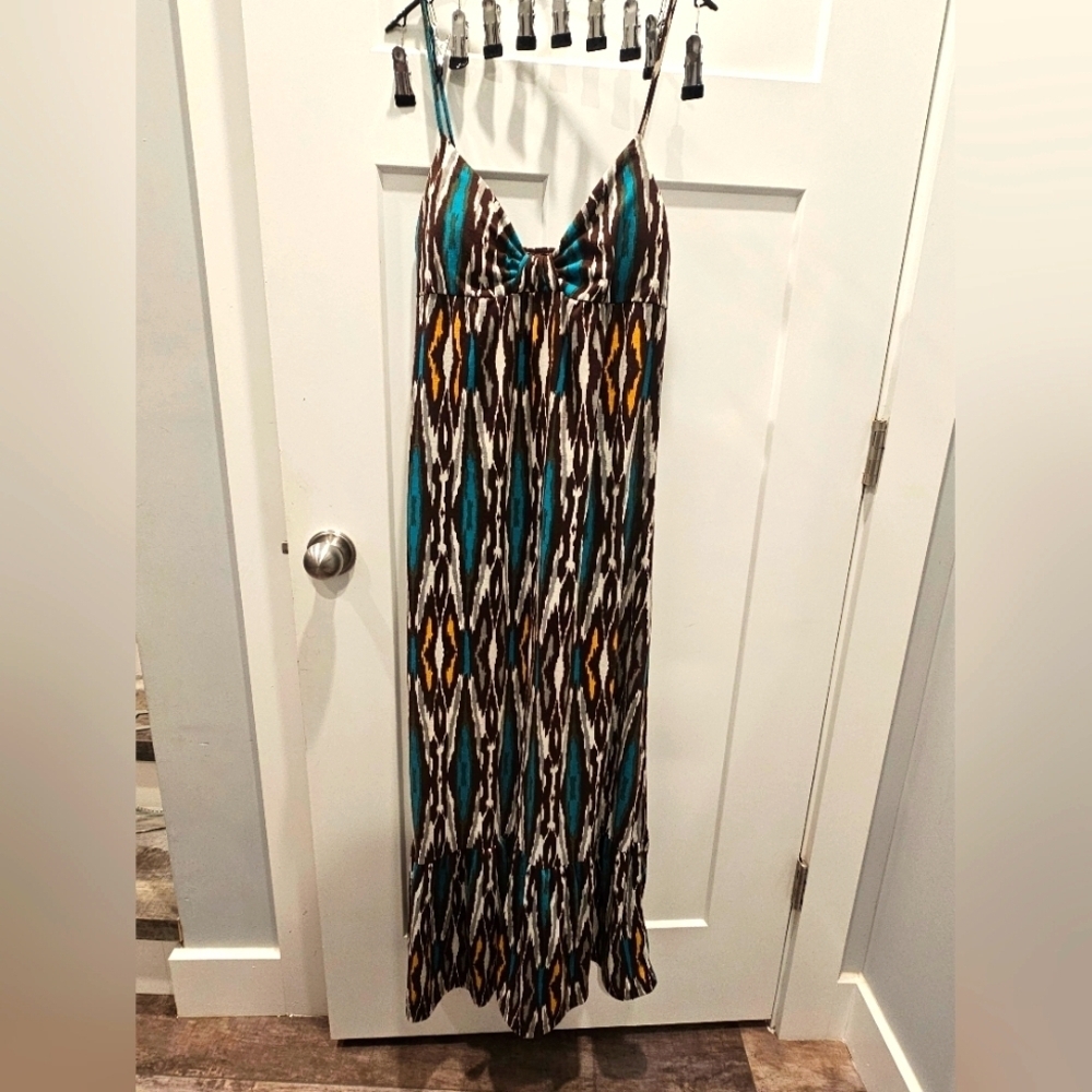 Weavers Maxi Dress M Tribal Ikat Print Brown Teal Spaghetti Strap Boho